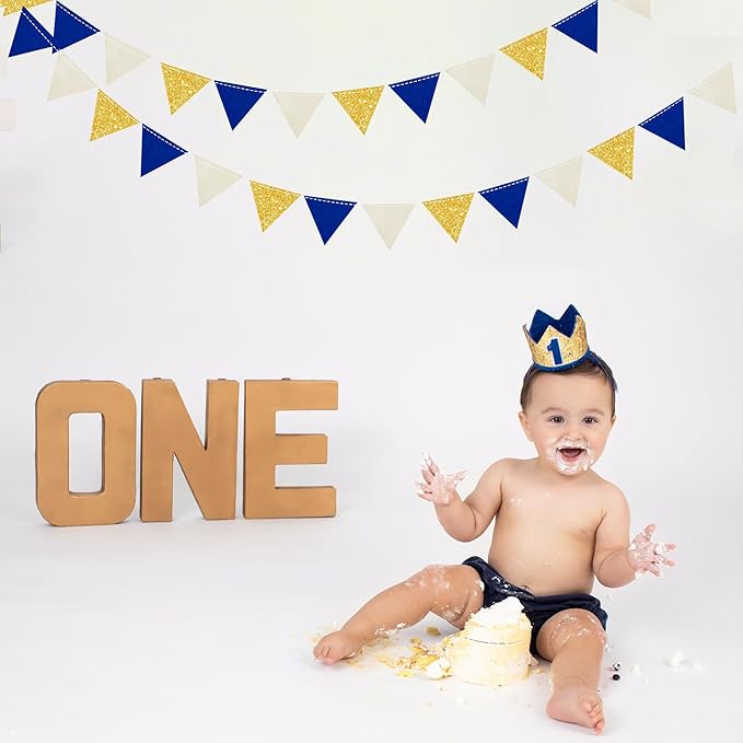 Blue Gold Beige Party Decoration Royal Gold Glitter Felt Hanging Triangle Mini Bunting Pennant Banner Flag for Birthday Wedding Graduation Baby Shower Nautical Ahoy Achor Party Nursery Classroom Decor