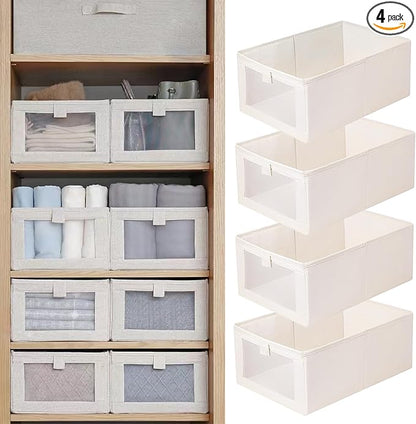 Linen Closet Organizers And Storage, 4 Pack Storage Bins Baskets for Organization Foldable Organizer with Clear Window Organizing Clothing, Jeans, Shelves