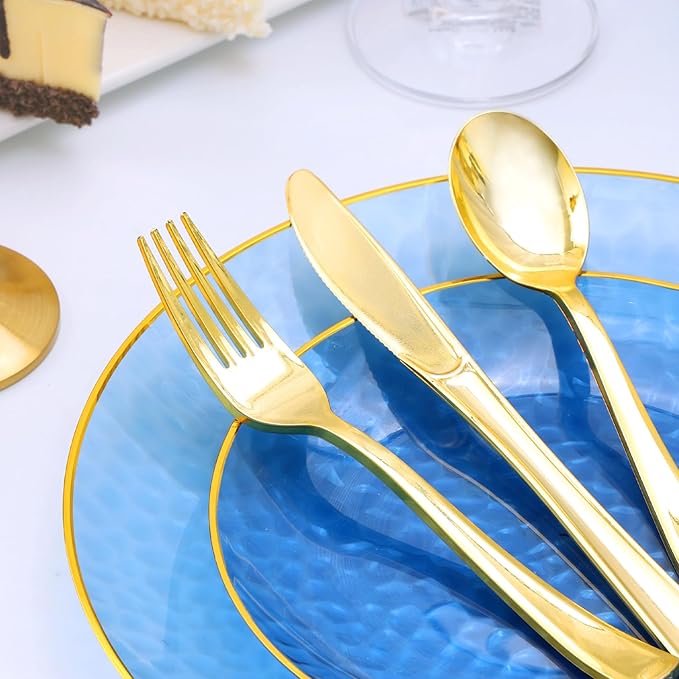 150 Pcs Blue Plastic Dinnnerware Set for 25 Guests - Clear Blue Plastic Plates Disposable with Gold Trim - Fancy Disposable Plates for Party Wedding Birthday Thanksgiving