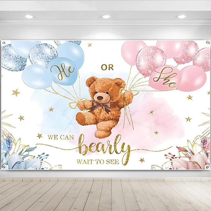 6x3.6ft Gender Reveal Backdrop Baby Bear Boy or Girl Photography Background Baby Shower Party Blue and Pink Banner Decorations Supplies Photo Booth Props