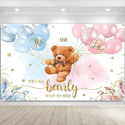 6x3.6ft Gender Reveal Backdrop Baby Bear Boy or Girl Photography Background Baby Shower Party Blue and Pink Banner Decorations Supplies Photo Booth Props