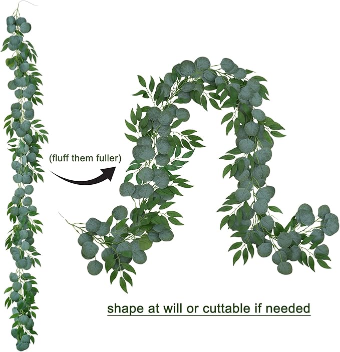 2 Pack Artificial Eucalyptus Garland Each 6.5 FT Faux Greenery Garland for Wedding Mantle Table Runner DIY Garlands Decor