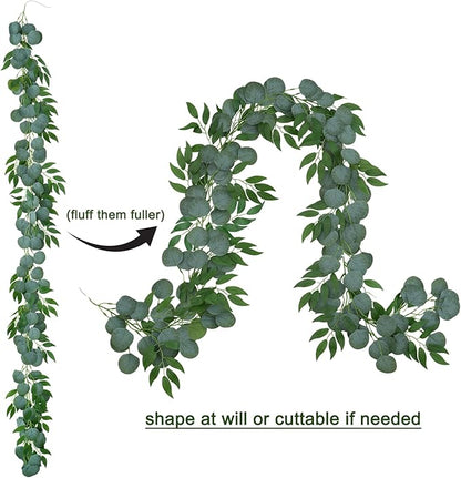 2 Pack Artificial Eucalyptus Garland Each 6.5 FT Faux Greenery Garland for Wedding Mantle Table Runner DIY Garlands Decor