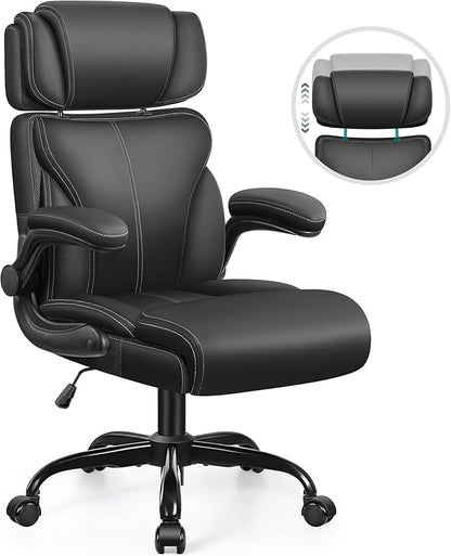 Office Chair, Ergonomic Big and Tall Computer Desk Chair with Retractable Adjustable Headrest, Executive Breathable Leather Chair, Lumbar Support Swivel PC Chair with Flip-up Armrests Rocking Function