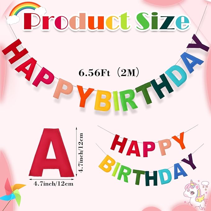 Felt Happy Birthday Garland Rainbow Banner Reusable Happy Birthday Sign Party Supply for Party Decor(Rainbow Color,Normal)