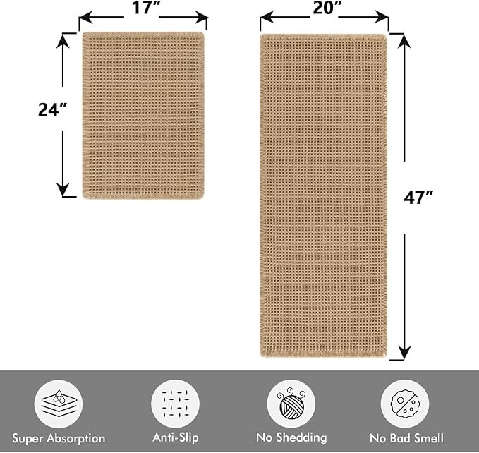 MIULEE Set of 2 Waffle Bathroom Rugs, Boho Bath Rugs Non Slip Washable, Super Absorbent Bath Mats, Ultra Soft Rubber Backed Shower Mats for Bathroom Floor, Tub, Brown, 17"x24"+20"x47"