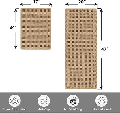 MIULEE Set of 2 Waffle Bathroom Rugs, Boho Bath Rugs Non Slip Washable, Super Absorbent Bath Mats, Ultra Soft Rubber Backed Shower Mats for Bathroom Floor, Tub, Brown, 17"x24"+20"x47"