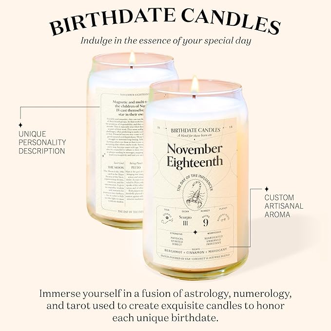 Birthdate Candles, November 18 - Scorpio Zodiac Scented Candles Birthday Gift - Bergamot, Cinnamon & Mahogany Scent - All-Natural Soy & Coconut Wax, 60-80 Hour Burn Time - Made in USA