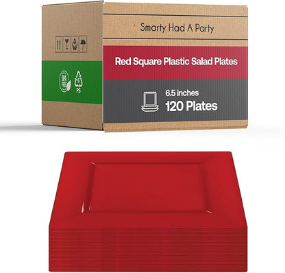 Smarty Had A Party 120 Red Square Plates for Salad 6.5" – Heavy-Duty Disposable Tableware for Weddings – Red Plastic Dessert Plates 120 Guests, High-End, Versatile Look