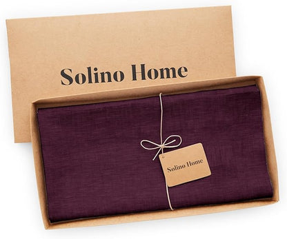 Solino Home Linen Tablecloth 52 x 52 Inch - 100% Pure Linen Square Table Throw - Athena, Machine Washable Chambray Burgundy Tablecloth for Fall, Autumn, Christmas, Holiday, Winter, New Year