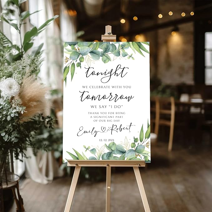Personalized Rehearsal Dinner Welcome Sign, Rustic & Elegant Wedding Decor, 12''x18'' Plastic Sign with Free Standing Mount, Perfect for Wedding Rehearsal Dinner, Home Decor, Indoor, Outdoor