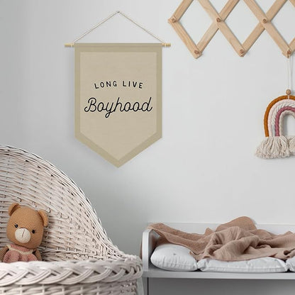Boys Room Decor, Long Live Boyhood Linen Canvas Banner, Boy Nursery Wall Hanging Pennant Flag Banner for Boys Kids Toddler Room Bedroom Playroom Decor, 15x11in - Neutral