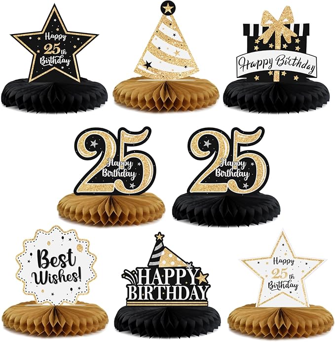 Happy 25th Birthday Decorations,25th Bday Gold Glitter Shiny Stand Honeycomb Table Centerpieces - Cheers to 25 Years Old Birthday Party Photoprop Gift Sign.