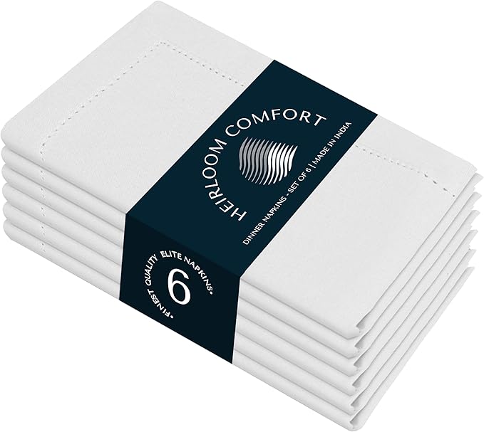 White Cloth Napkins 18x18 Inches, Set of 6-100% Cotton, Soft, Absorbent, Reusable, Washable - Elegant Hemstitch Mitered Edges - Ideal for Weddings, Baby Showers, Holiday Gatherings
