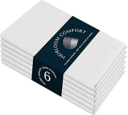 White Cloth Napkins 18x18 Inches, Set of 6-100% Cotton, Soft, Absorbent, Reusable, Washable - Elegant Hemstitch Mitered Edges - Ideal for Weddings, Baby Showers, Holiday Gatherings