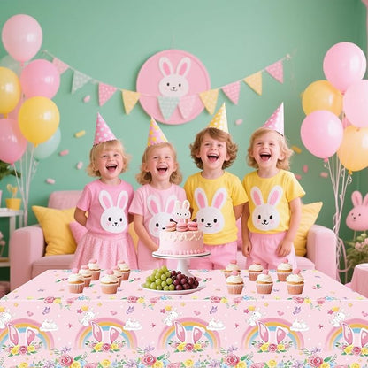 4 Pack Pink Bunny Party Tablecloth Supplies, Rabbit Rectangle Plastic Tablecloth for Rectangle Tables Gilrs Birthday Party Supplies Favors 51'' X 86''