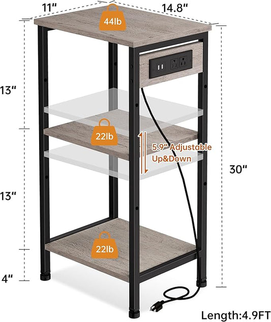 Tall End Table with Charging Station, 3 Tier Narrow Beside Table with Adjustable Shelf, Tall Side Table Nightstand for Bedroom, Living Room Coffe Table, Office, Greige
