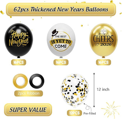 62 Pack Black and Gold New Years Balloons 2026 New Years Decorations - 12 Inch New Year Eve Party Supplies 2026 New Year Eve Balloons with Ribbons - Black Gold Nye Party Decorations Nye Balloon