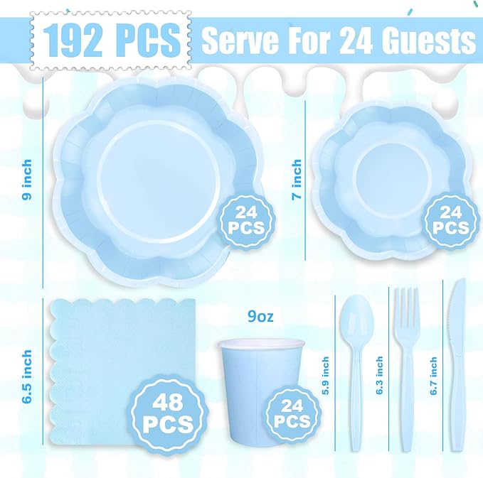 192 Pcs Light Blue Paper Plates And Napkins Set Party Supplies - For 24 Guests Paper Plates And Napkins Knives Spoons Forks Cups - For Baby Shower Bridal Shower Wedding