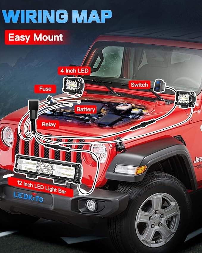 12 Inch LED Light Bar and 2PCS 4In LED Cube Pods Light Work Driving Lamp with Rocker Switch 3Lead Wiring Harness Kit Off Road Lights Spot Flood Combo Lights for ATV UTV SUV Truck Tractor Boat