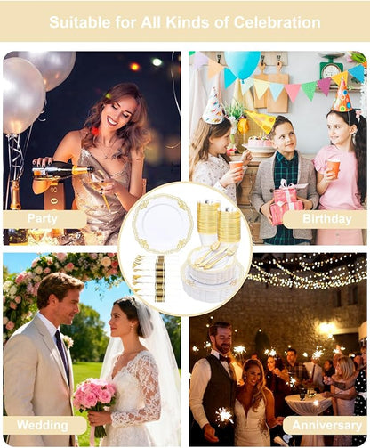 Ciaell 350 PCS Gold Plastic Plates - White and Gold Plates - Gold Disposable Plates Include 50 Disposable Plate, 150 Heavy Duty Silverware, 50 Cups, 50 Napkins for Wedding & Party & Thanksgiving