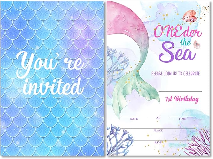 Soiceu Cute Little Mermaid 1st Birthday Party Invitations with Envelopes Set of 20 Girl Oneder the Sea Mermaid 1 Year Old First Birthday Party Invites Fill in Blank