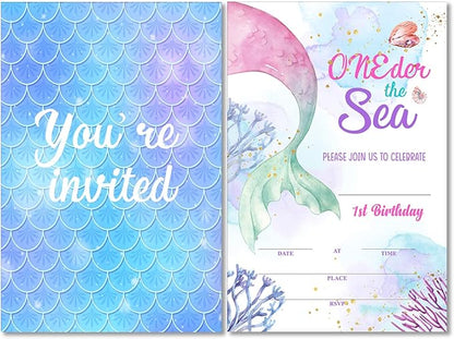 Soiceu Cute Little Mermaid 1st Birthday Party Invitations with Envelopes Set of 20 Girl Oneder the Sea Mermaid 1 Year Old First Birthday Party Invites Fill in Blank