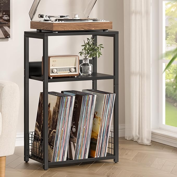 LELELINKY Large Black Record Player Stand, 3 Tier 18" Wide Big End Table with Vinyl Storage Up to 130 Albums, Industrial Turntable Printer Tables, Modern Side Tables for Living Room, Bedroom, Office
