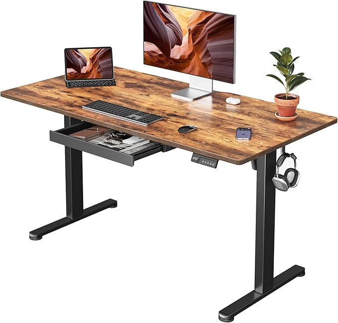FEZIBO Electric Standing Desk with Drawers, 55 x 28 Inch Height Adjustable Desk with 3 Memory Presets, Sit Stand Up Desks for Home Office, Vintage Brown