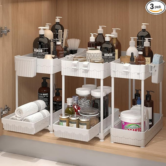 3 Pack Under Sink Organizers, 2-Tier Multi-Use Kitchen and Bathroom Organizers and Storage with Sliding Drawers, Bathroom Cabinet Organizer (White, 12.8 Inch)