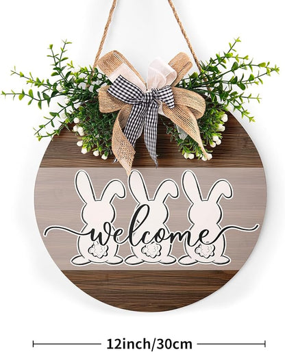 Harooni Easter Door Sign 12x12 Inch Wooden Welcome Hanging Sign with Easter Rabbits and Buffalo Plaid Bow