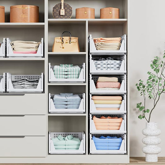 4 Pack Stackable Closet Storage Basket - Stackable Storage Bins, Multifunctional & Foldable Closet Organizer Divided, Wardrobe Cupboard Space-Saving Clothes Storage Hat Organizer, White