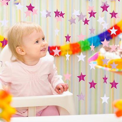 Patelai Glitter Star Garland Banner Christmas Decoration 130 Feet Star Hanging Bunting Banner Twinkle Backdrop for Homecoming Classroom Wedding Birthday Halloween Supplies(Pink,Rose Red,White)