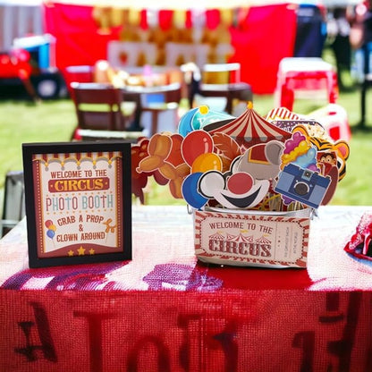 Carnival Photo Booth Props - 41-pc Photobooth Kit with 8 x 10-Inch Sign, 60 Adhesive Pads, 45 Sticks - Circus Theme Party Decorations - Carnival Backdrop