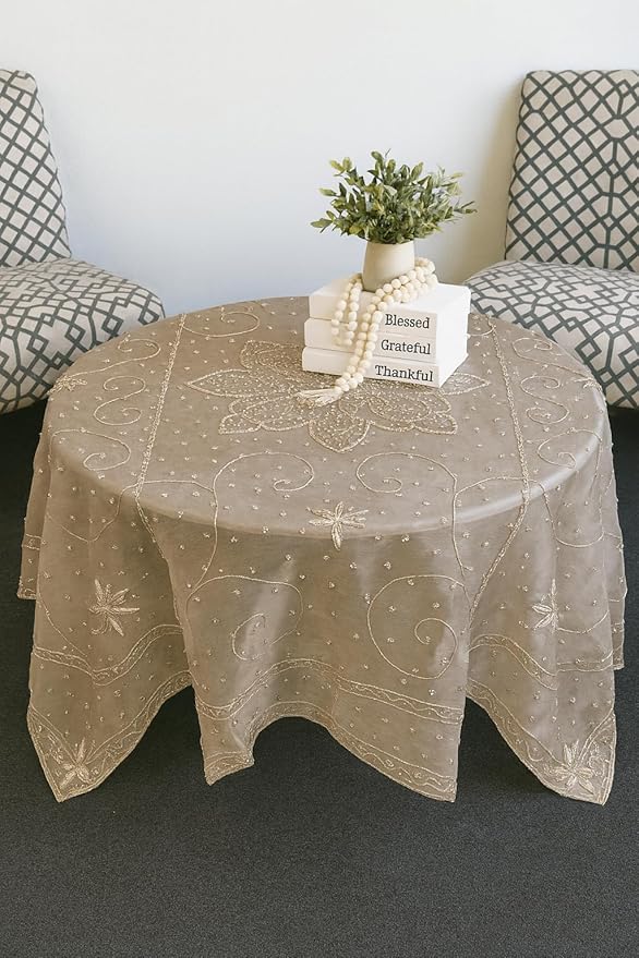 AK TRADING CO. Handmade Metallic Zari (Nakshi) Embroidered Silk Tissue Tablecloth – 60" Square | Luxury Handcrafted Decorative Table Cover for Home Décor, Weddings & Special Events (Taupe, 60x60)