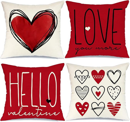 GEEORY Valentine's Day Pillow Covers 18x18 Set of 4 - Red Heart Love You More Decorative Throw Pillows for Valentine's Decor