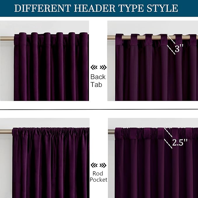 PRIMROSE Purple Velvet Curtains 96 inch Long for Living Room,Set of 2 Panels Blackout Rod Pocket Back Tab Window Treatment Room Darkening Heavy Decorative Curtains Drapes for Bedroom