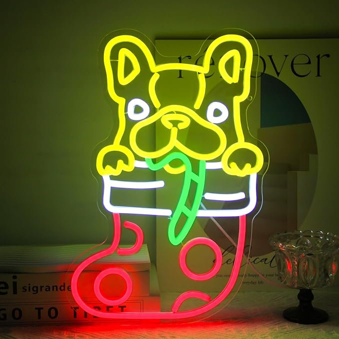 Christmas Stocking Dog Neon Sign Dimmable French Bulldog Neon Light Candy Cane LED Sign for Wall Cute Animal Neon Lights Signs for Bedroom Restaurant Pet Shop Party Christmas Decor
