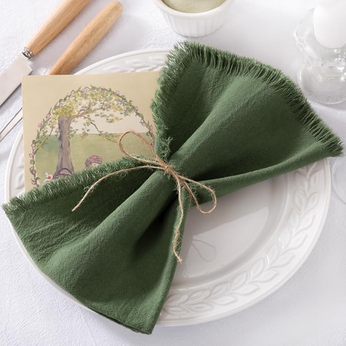 6 Pack Olive Green Cotton Linen Napkins with Fringe Green Cloth Napkins Set of 6 Boho Handmade Dinner Table Napkins for Wedding Bridal Baby Shower Tea Party, 17 x 17 Inches