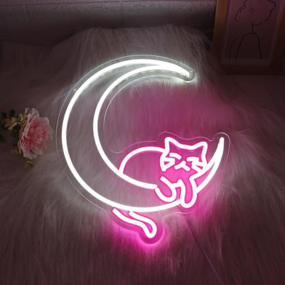 Moon Cat Neon Sign, JGHTURIE Pink Neon Signs for Wall Decor Cute Animal Light Up Sign Game Room Bar Party Led Signs for Man Cave Kids Decor USB Powered