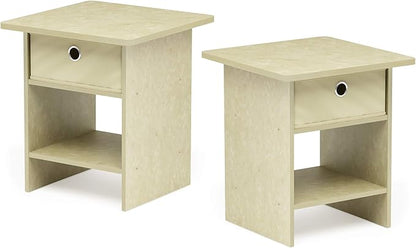 Furinno Dario End Table/Night Stand Storage Shelf with Bin Drawer, Beige Marble/Ivory, Set of 2