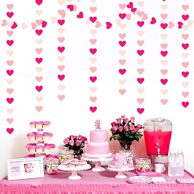 Hot-Pink Party-Decorations Heart Garland - 52Ft Proposal Special Night Galentines Wedding Paper Streamers Banner, Girl Birthday Engagement Bachelorette Decor Lasting Surprise