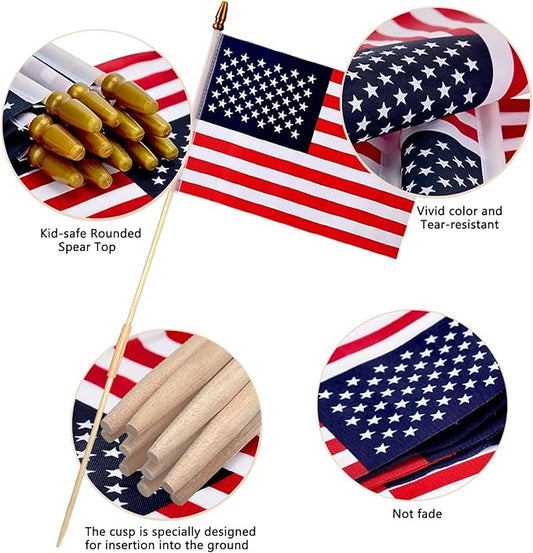 100 Pack 8x12 Inch American Flags on Stick, US Flag/U.S. Flag for Outside, 4th of July Decorations, US American Hand Held Stick Flags with Kid-Safe Spear Top, Polyester Full Color Tear-Resistant Flag