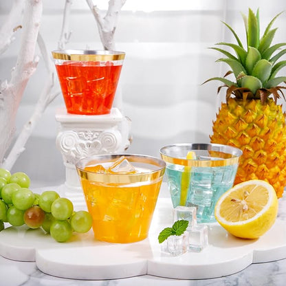 I00000 Heavy Duty Plastic Cups, 9 oz, Gold Rimmed, Clear, 100 Count, BPA Free, Disposable, for Party & Wedding