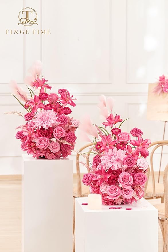 TINGE TIME Free-Standing Artificial Flower Set of 2, Table Centerpiece with Rubber Pad, Silk Fake Flower for Wedding Centerpiece Archway Aisle Welcome Entrance (Hot Pink)
