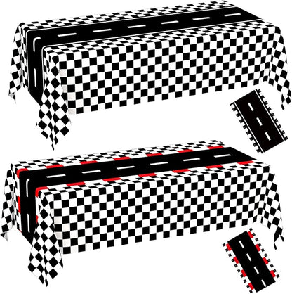 WNINK 2 Pack Race Car Table Cloth and Black White Gingham Tablecloths Disposable Plastic Buffalo Check Tablecloth Checkered Flag Covers for Birthday, Outdoor Picnic, Birthday, Camping 54 × 108 Inch