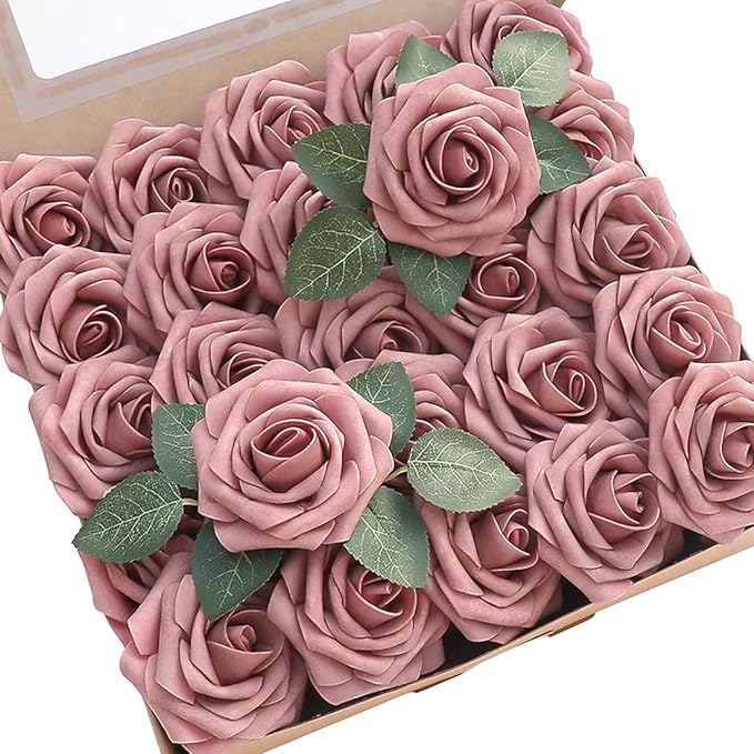 Floroom Artificial Flowers 50pcs Real Looking Dusty Rose Foam Fake Roses with Stems for DIY Wedding Bouquets Bridal Shower Centerpieces Floral Arrangements Party Tables Home Decorations