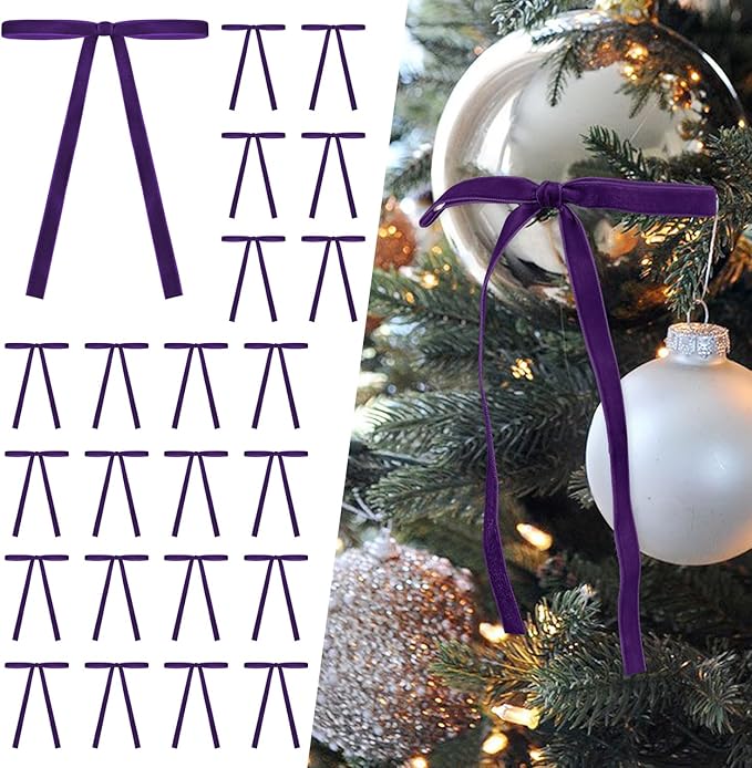 SIMISI RIBBON 24 Pcs Purple Velvet Christmas Tree Bows Door Garland Decor Vintage Wreath Bow (3/8'' Wide, 5 * 7 inch)