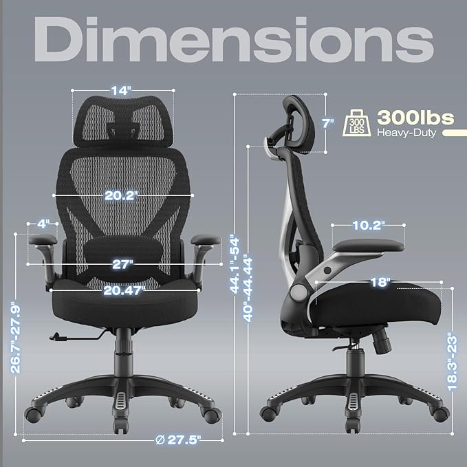 ELABEST X100 Ergonomic Mesh Office Chair, Big and Tall Hone Desk Chair with 5D Flip-Up Arms, Adjustable 3D Lumbar Support,Gaming & Executive Computer Chairs for Long Hours, Padded Seat