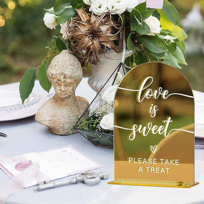 Acrylic Wedding Sign, Bridal Shower Decorations, Love is Sweet Sign for Ceremony, Modern Font Table Signs, Gold Mirror Arched Acrylic Tabletop Signs for Wedding Reception and Event Party
